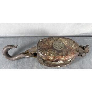 Antique Star Wood Iron Single Block‎ 1 Wheel Tackle Pulley Primitive